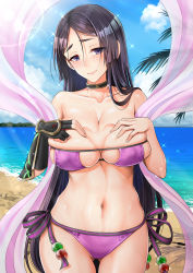 Rule 34 | 1girl, bare shoulders, beach, beads, bikini, black gloves, blue sky, blush, breasts, choker, cleavage, closed mouth, collarbone, day, elbow gloves, eyepatch bikini, fate/grand order, fate (series), fingerless gloves, gloves, hair between eyes, hands on own chest, highres, large breasts, long hair, looking at viewer, minamoto no raikou (fate), minamoto no raikou (fate/grand order), minamoto no raikou (swimsuit lancer) (fate), minamoto no raikou (swimsuit lancer) (third ascension) (fate), navel, ocean, palm tree, parted bangs, purple bikini, purple eyes, purple hair, sash, single elbow glove, single glove, sky, smile, solo, sparkle, swimsuit, thighs, tree, very long hair, youshuu