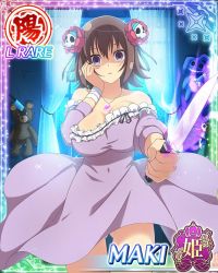 Rule 34 | bandaged wrist, bandages, bedroom, breasts, brown hair, cleavage, dress, hair ornament, hand on own cheek, hand on own face, jewelry, knife, large breasts, maki (senran kagura), necklace, night, official art, purple eyes, senran kagura, senran kagura new wave, short hair, yandere