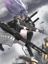 Rule 34 | 1girl, animal ears, arknights, assault rifle, black hair, black shorts, black thighhighs, blurry, blurry background, cat ears, closed mouth, cloud, cloudy sky, commentary, depth of field, english commentary, eye trail, fire, floating hair, from side, glint, green eyes, grey jacket, gun, headphones, headset, highres, holding, holding gun, holding weapon, hood, hood down, hooded jacket, jacket, jessica (arknights), jessica the liberated (arknights), light trail, long hair, long sleeves, looking ahead, looking down, m4 carbine, multicolored hair, outdoors, ponytail, profile, puffy long sleeves, puffy sleeves, purple hair, rifle, shell casing, shoes, short shorts, shorts, sky, solo, streaked hair, thighhighs, tofudofu, trigger discipline, weapon, white footwear