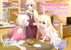 Rule 34 | 3girls, absurdres, apron, bowl, braid, chair, fate/kaleid liner prisma illya, fate (series), food, fork, hair over shoulder, highres, illyasviel von einzbern, indoors, leysritt (fate), long hair, looking at viewer, multiple girls, official art, open mouth, plate, red eyes, salad, scan, sella (fate), short hair, sitting, skirt, smile, stairs, standing, table, television, ushijima nozomi, white hair