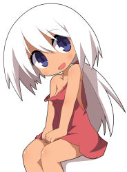 Rule 34 | 1girl, :d, bare arms, bare shoulders, blue eyes, blush, breasts, commentary request, dark-skinned female, dark skin, dress, hair between eyes, head tilt, long hair, looking at viewer, low ponytail, open mouth, original, osaragi mitama, pink dress, ponytail, sitting, sleeveless, sleeveless dress, small breasts, smile, solo, strap slip, torn clothes, torn dress, very long hair, white hair