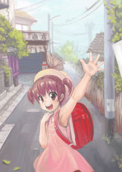 Rule 34 | backpack, bag, brown hair, city, cityscape, cloud, day, hat, highres, lights, naao, power lines, randoseru, road, scenery, sign, sky, solo, waving