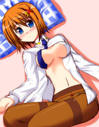Rule 34 | 00s, 1girl, bad anatomy, breasts, brown pantyhose, crotch seam, hair ornament, large breasts, lyrical nanoha, mahou shoujo lyrical nanoha, mahou shoujo lyrical nanoha strikers, necktie, no bra, open clothes, open shirt, panties, panties under pantyhose, pantyhose, pillow, poorly drawn, shirt, solo, thighband pantyhose, underwear, x hair ornament, yagami hayate