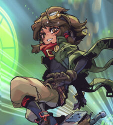 Rule 34 | 1girl, black shirt, blush, brown gloves, brown hair, brown pants, dark-skinned female, dark skin, freckles, gloves, goggles, goggles on head, green jacket, grin, jacket, layered sleeves, league of legends, long sleeves, medium hair, open clothes, open jacket, pants, phantom ix row, red scarf, scarf, shirt, shoes, short over long sleeves, short sleeves, skating, smile, solo, speed lines, taliyah, teeth