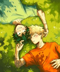 Rule 34 | 2boys, blonde hair, blush, boku no hero academia, closed eyes, commentary, daniartonline, english commentary, freckles, grass, green eyes, green hair, green shirt, hand in another&#039;s hair, highres, lying, male focus, multiple boys, on back, on ground, orange shirt, parted lips, scar, scar on hand, shirt, short hair, short sleeves, spiked hair, t-shirt, yaoi