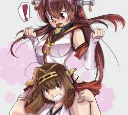 Rule 34 | 2girls, blush, breasts, brown eyes, brown hair, charochai, grin, headband, kantai collection, kongou (kancolle), large breasts, multiple girls, open mouth, smile, yamato (kancolle)