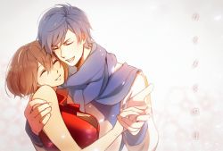 Rule 34 | 1boy, 1girl, bare shoulders, bloom, blue hair, blue scarf, breasts, brown hair, closed eyes, coat, commentary, couple, date pun, hand grab, hand on another&#039;s shoulder, happy, hetero, highres, hug, kaito (vocaloid), kaito (vocaloid3), medium breasts, meiko (vocaloid), meiko (vocaloid3), number pun, open mouth, red shirt, scarf, shirt, smile, upper body, vocaloid, white coat, yen-mi