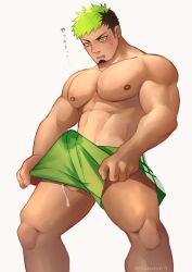 Rule 34 | 1boy, abs, bad id, bad twitter id, bara, black hair, blush, bulge, cum, cum in clothes, cum on legs, dark-skinned male, dark skin, erection, erection under clothes, facial hair, feet out of frame, goatee, green eyes, green shorts, hidora art, highres, ikusaba daisuke, large pectorals, looking down, male focus, mature male, multicolored hair, muscular, muscular male, nipples, no male underwear, pectorals, short hair, shorts, sideburns, solo, standing, stomach, taurus mask, testicle peek, thick thighs, thighs, tokyo houkago summoners, topless male, translation request, two-tone hair