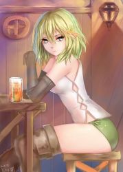 Rule 34 | 1girl, alcohol, beer, boots, dungeon ni deai wo motomeru no wa machigatteiru darou ka, elbow gloves, elf, from side, glass, gloves, green hair, looking at viewer, pointy ears, ryu lion, short hair, short shorts, shorts, sitting, thick thighs, thigh boots, thighhighs, thighs