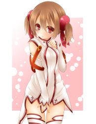 Rule 34 | 1girl, :t, alternate costume, asuna (sao), asuna (sao) (cosplay), blush, brown eyes, brown hair, cosplay, covering privates, covering crotch, detached sleeves, dress, dress tug, hair ornament, hand on own chest, highres, looking at viewer, miko (royal milk), no pants, pout, red eyes, short hair, short twintails, silica, skirt, solo, sword art online, thighhighs, twintails, white dress, white skirt, white thighhighs, zettai ryouiki