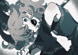 Rule 34 | 1girl, :d, bad id, bad pixiv id, bare shoulders, commentary, curly hair, detached sleeves, dress, from side, greyscale, highres, holding, holding spork, horn ornament, horn ribbon, horns, leaning forward, looking at viewer, looking to the side, monochrome, negi si, open mouth, ribbon, sharp teeth, sheep horns, short hair, signature, sleeveless, sleeveless dress, smile, solo, teeth, tongue, touhou, toutetsu yuuma, upper body, wide sleeves