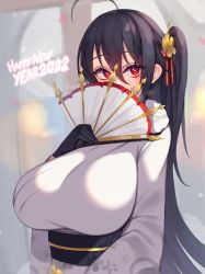 Rule 34 | 1girl, 2022, alternate costume, azur lane, black gloves, black hair, black sash, breasts, covered mouth, folding fan, fur-trimmed kimono, fur trim, gloves, hair between eyes, hair ornament, hand fan, happy new year, heart, heart-shaped pupils, highres, holding, holding fan, huge breasts, japanese clothes, kimono, kuavera, long hair, looking to the side, new year, red eyes, sash, solo, symbol-shaped pupils, taihou (azur lane), upper body, very long hair, white kimono