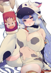 Rule 34 | 1girl, animal print, blue hair, blunt bangs, blush, bottle, breasts, catura (granblue fantasy), cow hat, cow horns, cow print, detached sleeves, draph, earrings, granblue fantasy, highres, horns, huge breasts, jewelry, long hair, looking at viewer, milk bottle, navel, open fly, open mouth, pointy ears, print headwear, print legwear, red eyes, see-through, shiroie mika, shorts, simple background, sitting, solo focus, sweat, thighhighs, thighs, very long hair, white background, white shorts, white thighhighs