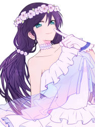 Rule 34 | 10s, 1girl, aqua eyes, arm at side, azsw, bare shoulders, collarbone, dress, finger to mouth, flower, frilled skirt, frills, gloves, hair ornament, head wreath, light smile, long hair, looking at viewer, love live!, love live! school idol festival, love live! school idol project, off shoulder, purple hair, skirt, solo, tojo nozomi, twintails, white dress, white gloves, yume no tobira