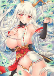Rule 34 | 1girl, azur lane, bare shoulders, blush, breasts, cowboy shot, dragon girl, dragon horns, hair on horn, hands up, highres, horns, japanese clothes, large breasts, long hair, looking at viewer, marker (medium), navel, panties, parted lips, pelvic curtain, red eyes, revealing clothes, ribbon-trimmed clothes, ribbon trim, saya pr, shimanto (azur lane), smile, solo, traditional media, underwear, water, white hair, white panties