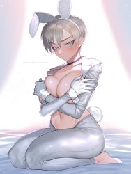 Rule 34 | 1girl, animal ears, barefoot, black choker, blush, breasts, choker, closed mouth, collarbone, commentary request, covering privates, covering breasts, dotsuco, fake animal ears, fake tail, frown, gloves, grey hair, highres, jacket, large breasts, looking at viewer, meme attire, navel, original, pants, rabbit ears, rabbit tail, reverse bunnysuit, reverse outfit, seiza, short hair, shrug (clothing), sitting, solo, sweatdrop, tail, watermark, web address, white gloves, white jacket, white pants