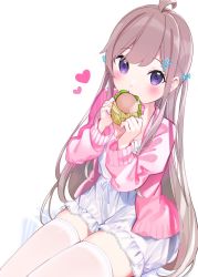 Rule 34 | 1girl, ahoge, bed sheet, blue bow, blush, bow, brown hair, chikuwa., commentary request, dress, food, frilled dress, frills, hair bow, hair ornament, hairclip, heart, highres, holding, holding food, jacket, long hair, long sleeves, looking at viewer, open clothes, open jacket, original, pink jacket, purple eyes, sitting, solo, thighhighs, two side up, very long hair, white background, white dress, white thighhighs, x hair ornament