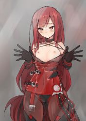 Rule 34 | 1girl, bare shoulders, black gloves, black pantyhose, blush, breasts, breasts out, choker, cowboy shot, crimson avenger (elsword), elesis (elsword), elsword, flashing, gloves, gluteal fold, long hair, looking at viewer, low-tied long hair, nipples, pantyhose, red eyes, red hair, simple background, sketch, small breasts, solo, standing, sweat, very long hair, waero