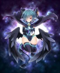 Rule 34 | 1girl, arcana trust, black thighhighs, blue hair, cape, demon girl, demon horns, demon tail, elbow gloves, gloves, hair over one eye, highres, horns, low wings, pointy ears, red eyes, shinrabanshou, short hair, solo, tail, thighhighs, tsuto, wings