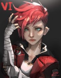 Rule 34 | 1girl, absurdres, arcane: league of legends, arcane vi, artist name, bandaged arm, bandages, character name, closed mouth, collarbone, earrings, facial tattoo, gradient background, green eyes, hand up, highres, jacket, jewelry, league of legends, messy hair, neck tattoo, open clothes, open jacket, red jacket, short hair, solo, tattoo, upper body, vi (league of legends), yido (yidoarts)