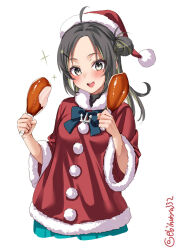 Rule 34 | 1girl, ahoge, blush, cropped legs, dress, ebifurya, food, forehead, fur-trimmed headwear, fur-trimmed sleeves, fur trim, grey eyes, hair bun, hair ornament, hairclip, hands up, hat, highres, holding, holding food, kantai collection, long hair, looking at viewer, makinami (kancolle), meat, multicolored hair, one-hour drawing challenge, open mouth, red dress, red hat, santa hat, simple background, smile, solo, sparkling eyes, streaked hair, teeth, twitter username, upper teeth only, white background