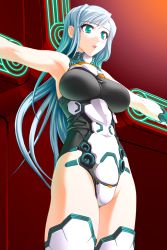 Rule 34 | 1girl, aqua eyes, armpits, boots, breasts, covered navel, crucifixion, demonbane, game cg, hair between eyes, highres, large breasts, leotard, long hair, metatron (demonbane), nishii (damnedrive), official art, parted lips, red background, red lips, silver hair, solo, straight hair, thigh boots, thighhighs, very long hair, white footwear