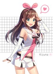 Rule 34 | 1girl, :d, bad id, bad pixiv id, brown hair, character name, commentary request, detached sleeves, green eyes, hairband, heart, kim bae-eo, kizuna ai, kizuna ai inc., lace-trimmed sleeves, lace trim, long hair, looking at viewer, multicolored hair, navel, open mouth, pink hair, pink hairband, sailor collar, salute, shirt, shorts, sleeveless, sleeveless shirt, smile, solo, spoken heart, standing, streaked hair, two-tone hair, virtual youtuber, white sailor collar, white shorts