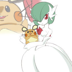 Rule 34 | breasts, creatures (company), dedenne, game freak, gardevoir, gen 3 pokemon, gen 6 pokemon, gen 7 pokemon, looking at viewer, mega gardevoir, mega pokemon, nintendo, no humans, pokemon, pokemon (creature), red eyes, semikichi, simple background, small breasts, tagme, white background