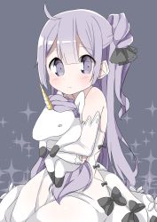 Rule 34 | 1girl, azur lane, bare shoulders, black bow, black ribbon, bow, commentary request, detached sleeves, dress, grey background, hair between eyes, hair bun, hair ribbon, hamada pengin, highres, long hair, long sleeves, hugging object, one side up, purple eyes, purple hair, ribbon, side bun, single hair bun, single side bun, sleeveless, sleeveless dress, sleeves past wrists, solo, sparkle, stuffed animal, stuffed pegasus, stuffed toy, stuffed unicorn, stuffed winged unicorn, unicorn (azur lane), very long hair, white dress