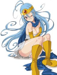 Rule 34 | 1girl, antenna hair, bare shoulders, belt, blue hair, blush, body blush, boots, breast hold, breasts, cape, circlet, cleavage, dragon quest, dragon quest iii, dress, elbow gloves, floating hair, gem, gloves, hair between eyes, head tilt, knee boots, large breasts, long hair, naughty face, one eye closed, panties, pantyshot, purple eyes, sage (dq3), shadow, short dress, simple background, sitting, smile, solo, underwear, upskirt, very long hair, white background, white panties, wink, yellow legwear, yukiyanagi