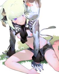 Rule 34 | 1boy, androgynous, animal ears, animal print, black gloves, black jacket, blonde hair, blush, chinese zodiac, cow boy, cow ears, cow horns, cow print, crossdressing, earrings, gloves, green hair, half gloves, highres, horns, jacket, jewelry, km (ksolee1201), lio fotia, looking at viewer, male focus, promare, purple eyes, short hair, solo, suggestive fluid, trap, year of the ox