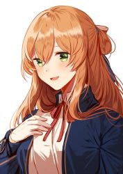 Rule 34 | 1girl, american flag, bad id, bad twitter id, blazer, blush, breasts, brown hair, cleavage, collared shirt, girls&#039; frontline, gloves, green eyes, hair between eyes, hair ribbon, hair rings, hand on own chest, jacket, large breasts, long hair, long sleeves, looking at viewer, neck ribbon, open clothes, open jacket, open mouth, ponytail, red ribbon, ribbon, shirt, sidelocks, silence girl, simple background, smile, solo, springfield (girls&#039; frontline), white background