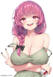 Rule 34 | 1girl, alcohol carton, alternate breast size, bare shoulders, bocchi the rock!, braid, breasts, camisole, cleavage, collarbone, green camisole, hair over shoulder, hiroi kikuri, holding carton, hong (white spider), large breasts, long hair, looking at viewer, purple eyes, purple hair, sharp teeth, single braid, solo, teeth, v