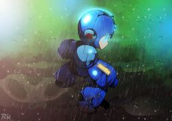 Rule 34 | 1boy, android, arm cannon, blue eyes, blue helmet, energy cannon, from behind, full body, glowing, glowing eyes, highres, looking at viewer, looking back, male focus, mega buster, mega man (character), mega man (classic), mega man (series), r3dfive, rain, solo, water drop, weapon