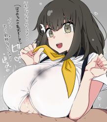 Rule 34 | 1boy, 1girl, bird hair ornament, black hair, blush, breasts, bulge, clothed sex, commentary, cum, cum on body, cum on breasts, cum on upper body, cumdrip, ejaculation, erection, erection under clothes, gatchaman crowds, hair ornament, happy sex, hetero, highres, huge breasts, ichinose hajime, kuro mushi, large breasts, open clothes, open mouth, open shirt, paizuri, paizuri under clothes, shirt, thick eyebrows, twitching penis, white shirt