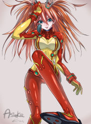 Rule 34 | 1girl, alternate hairstyle, artist request, bodysuit, breasts, character name, curvy, evangelion: 2.0 you can (not) advance, highres, lips, long hair, looking at viewer, neon genesis evangelion, plugsuit, rebuild of evangelion, shiny clothes, shiny skin, skin tight, solo, souryuu asuka langley, test plugsuit, twintails