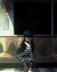 Rule 34 | 1boy, blue hair, child, commentary, dark, denim, english commentary, facing viewer, hand on own face, holding, jeans, male focus, oliver (uhhh snaps), on chair, original, pants, shoes, sitting, sleeping, sneakers, solo, tile floor, tiles, train, train interior, twitter username, uhhh snaps, window
