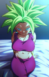 Rule 34 | 1girl, blush, breasts, closed mouth, crossed legs, dragon ball, dragon ball super, earrings, jewelry, kefla (dragon ball), large breasts, looking at viewer, potara earrings, rom (20), sitting, smile, solo