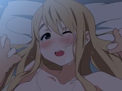 Rule 34 | 1girl, bad id, bad pixiv id, bare shoulders, bed, blonde hair, blue eyes, blush, breath, completely nude, happy tears, holding hands, implied sex, k-on!, kotobuki tsumugi, kuma motoko, long hair, looking at viewer, messy hair, nude, one eye closed, pillow, pov, solo focus, tears, wink