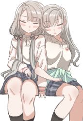 Rule 34 | 2girls, black ribbon, black skirt, blush stickers, braid, braided bangs, breasts, closed eyes, clothes around waist, collared shirt, commentary request, earrings, facing viewer, feet out of frame, grey hair, hair between eyes, hair over shoulder, hair ribbon, highres, hisakawa hayate, hisakawa nagi, idolmaster, idolmaster cinderella girls, idolmaster cinderella girls starlight stage, jacket, jewelry, locked arms, long sleeves, low twintails, multiple girls, open clothes, open jacket, parted lips, pleated skirt, ribbon, shirt, shiwa (siwaa0419), siblings, simple background, sisters, sitting, skirt, sleeves past wrists, small breasts, twins, twintails, white background, white jacket, white shirt