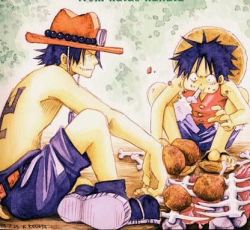 Rule 34 | 2boys, black hair, black shorts, bone, brother, brothers, eating, food, freckles, hat, lowres, male focus, meat, monkey d. luffy, multiple boys, one piece, portgas d. ace, scar, topless male, shorts, siblings, sitting, smile, tattoo, vest