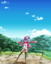 Rule 34 | 1girl, black pantyhose, blue sky, brown footwear, brown shorts, cliff, closed eyes, cloud, forest, hair ribbon, happy, highres, jacket, nature, open mouth, outdoors, outstretched arms, pantyhose, pantyhose under shorts, ponytail, purple hair, red jacket, ribbon, risakyan, serena (yu-gi-oh!), shirt, shorts, sky, solo, white shirt, yellow ribbon, yu-gi-oh!, yu-gi-oh! arc-v