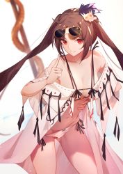 Rule 34 | 1girl, bare shoulders, bikini, breasts, brown hair, cleavage, collarbone, earrings, eyewear on head, faicha, fate/grand order, fate (series), hair ornament, jewelry, long hair, looking at viewer, medium breasts, multiple earrings, navel, open clothes, polearm, red eyes, robe, smile, spear, sunglasses, swimsuit, thighs, twintails, very long hair, weapon, white background, white bikini, yu mei-ren (fate), yu mei-ren (swimsuit lancer) (fate)