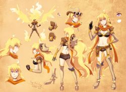 Rule 34 | 1girl, aged up, blonde hair, boots, breasts, cleavage, gloves, high heel boots, high heels, kuma (bloodycolor), long hair, purple eyes, rwby, smile, solo, very long hair, yang xiao long