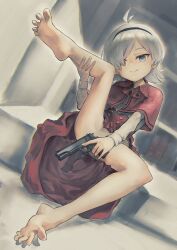 Rule 34 | 1girl, :q, absurdres, antenna hair, autumn (burgerkingrob), bare legs, barefoot, black hairband, blue eyes, capelet, commentary, commission, dress, dutch angle, english commentary, feet, grey hair, gun, hair over one eye, hairband, handgun, highres, holding, holding gun, holding weapon, licking lips, long sleeves, m1911, no panties, one eye covered, original, red capelet, red dress, second-party source, short hair, sitting, skeb commission, soles, solo, spread legs, spread toes, toes, tongue, tongue out, trigger discipline, weapon, wide spread legs, yasushi