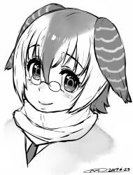 Rule 34 | 10s, 1girl, 2017, blush, campo flicker (kemono friends), dated, glasses, greyscale, hair between eyes, happa (cloverppd), head wings, kemono friends, looking at viewer, monochrome, multicolored hair, necktie, pince-nez, scarf, signature, simple background, smile, solo, upper body, white background, wings