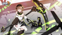 Rule 34 | 1girl, armor, armored dress, barcode, black footwear, blurry, blurry background, boots, breasts, brown thighhighs, cici, clothing cutout, dress, elbow gloves, full body, gloves, grin, hair over one eye, headpiece, highres, holding, holding scythe, honkai (series), honkai impact 3rd, horns, knee boots, logo, looking at viewer, mecha, mechanical gloves, mole, mole under eye, official art, on one knee, red eyes, rita rossweisse, rita rossweisse (phantom iron), robot, scythe, short hair, side cutout, sidelocks, smile, solo, thighhighs, tube, wind