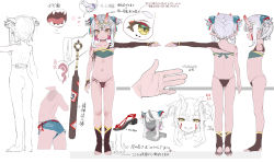 Rule 34 | 1girl, ass, asymmetrical sleeves, bandeau, bangle, black panties, bracelet, character sheet, club (weapon), colored inner hair, colored skin, concept art, earrings, facial mark, fangs, flat chest, from behind, full body, green eyes, hair ornament, highres, horn ornament, horns, jewelry, mochi (circle rin), monochrome, multicolored hair, multiple views, nude, official art, oni, oni horns, panties, pink hair, pink skin, pointy ears, profile, sandals, short eyebrows, short shorts, shorts, side-tie panties, sketch, slit pupils, smile, teeth, toeless footwear, toranoana, translation request, turnaround, two-tone hair, underwear, vrchat, weapon, white hair