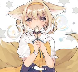 Rule 34 | 1girl, alternate costume, animal ear fluff, animal ears, arknights, black choker, blonde hair, blush, bubble, blowing bubbles, bubble pipe, choker, commentary request, fox ears, fox girl, fox tail, green eyes, hair rings, highres, holding, multiple tails, solo, suzuran (arknights), suzuran (let&#039;s carnival!) (arknights), tail, tomatoritori, upper body, white background