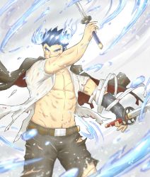 Rule 34 | 1boy, blue eyes, blue hair, cowboy shot, facial hair, fiery horns, fighting stance, fire, highres, horns, looking at viewer, male focus, manly, muscular, pectorals, sakimori toji, scar, simple background, solo, tokyo houkago summoners, upper body, yanutorie